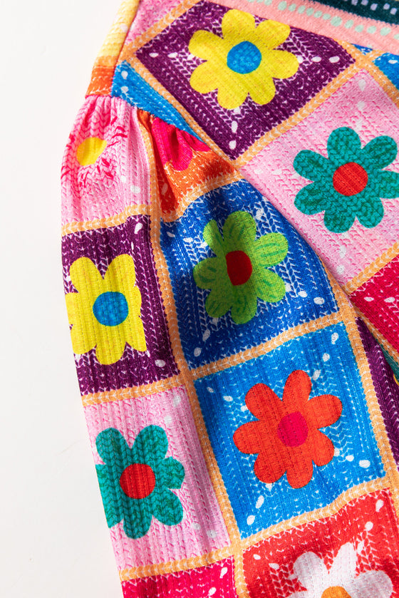 PACK25125774-P122-1, White Checkered Flower Print Bubble Sleeve Blouse