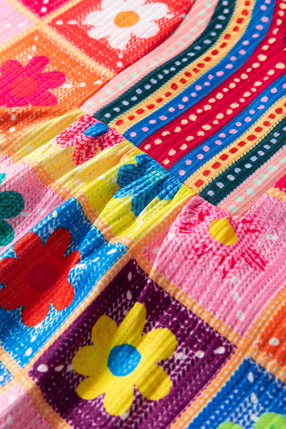 PACK25125774-P122-1, White Checkered Flower Print Bubble Sleeve Blouse