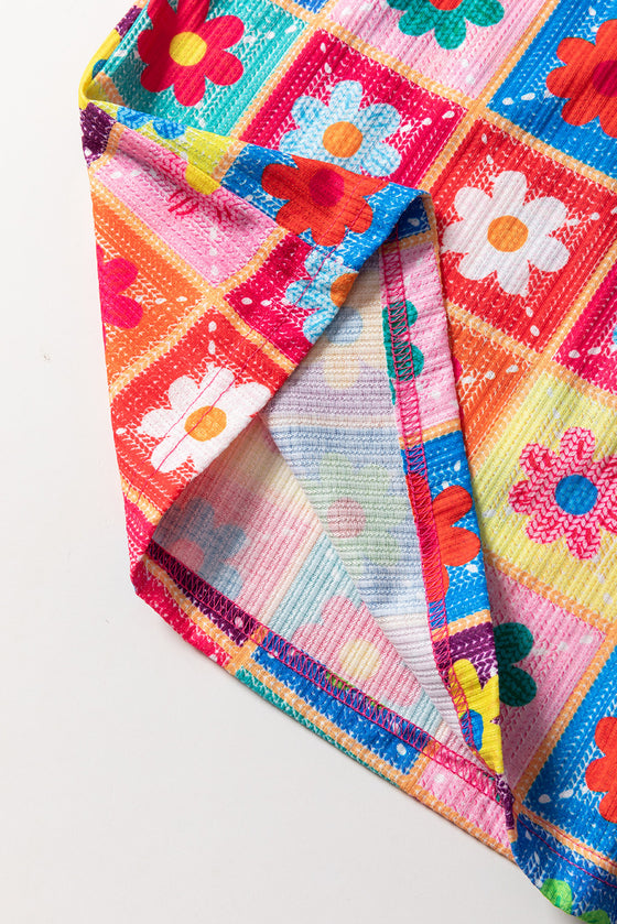 PACK25125774-P122-1, White Checkered Flower Print Bubble Sleeve Blouse