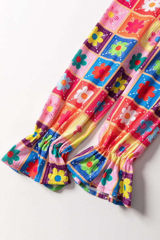 PACK25125774-P122-1, White Checkered Flower Print Bubble Sleeve Blouse