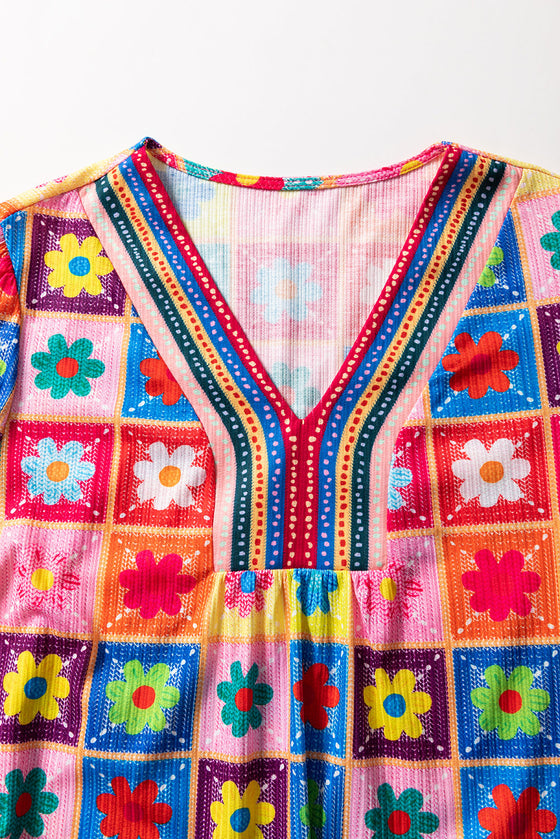 PACK25125774-P122-1, White Checkered Flower Print Bubble Sleeve Blouse