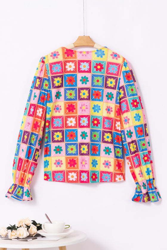 PACK25125774-P122-1, White Checkered Flower Print Bubble Sleeve Blouse