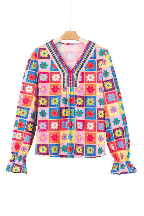 PACK25125774-P122-1, White Checkered Flower Print Bubble Sleeve Blouse