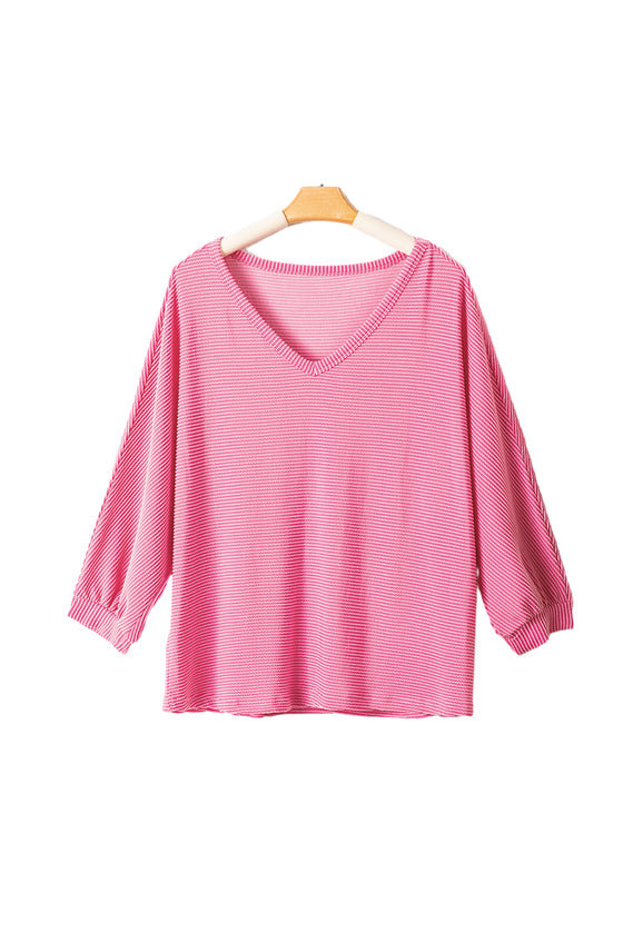 PACK25224107-P306-1, Strawberry Pink Striped Print Bracelet Sleeve V Neck Top