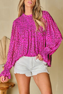  PACK25126315-P620-1, Rose Leopard Shirred Puff Sleeve Flowy Blouse
