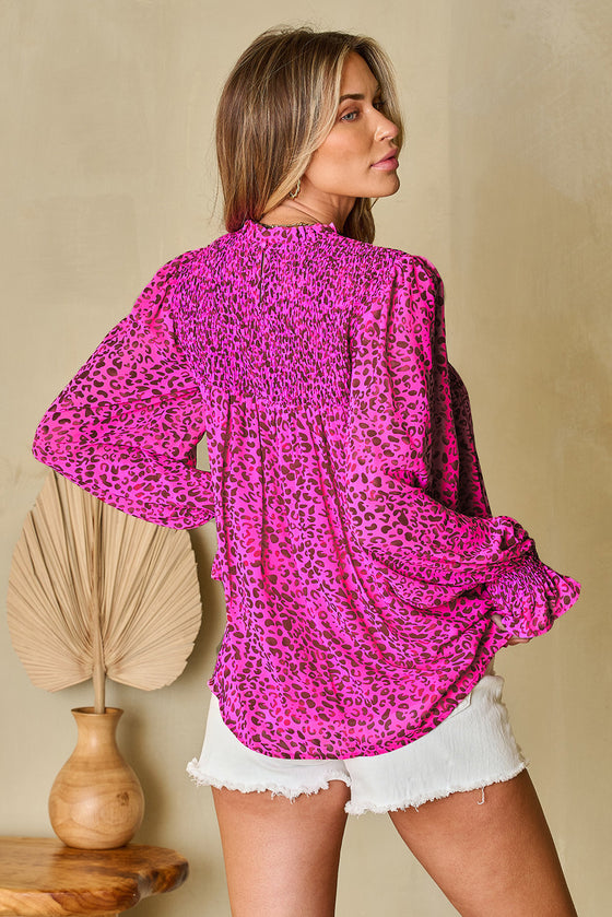 PACK25126315-P620-1, Rose Leopard Shirred Puff Sleeve Flowy Blouse