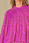 PACK25126315-P620-1, Rose Leopard Shirred Puff Sleeve Flowy Blouse