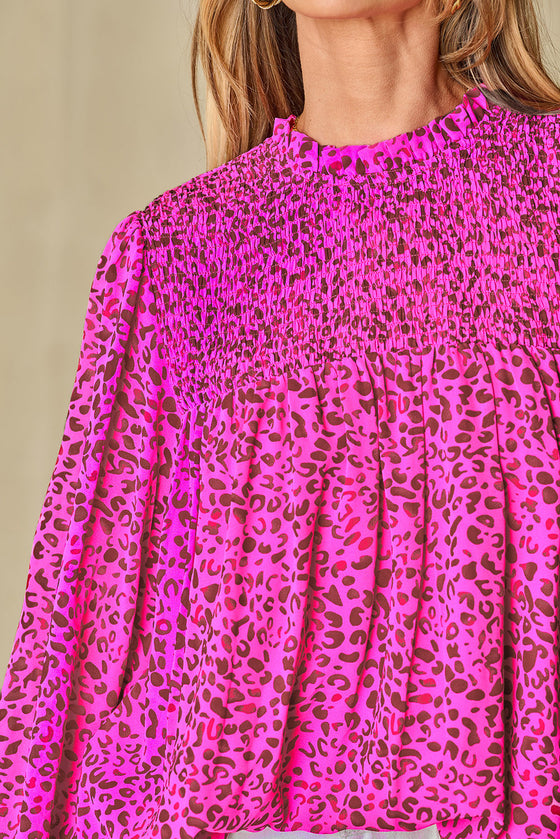 PACK25126315-P620-1, Rose Leopard Shirred Puff Sleeve Flowy Blouse