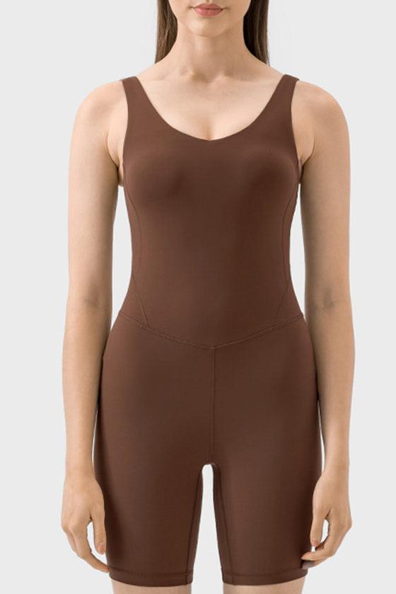 PACK260346-P1017-1, Coffee Exposed Stitching Pilates Yoga Jumpsuit