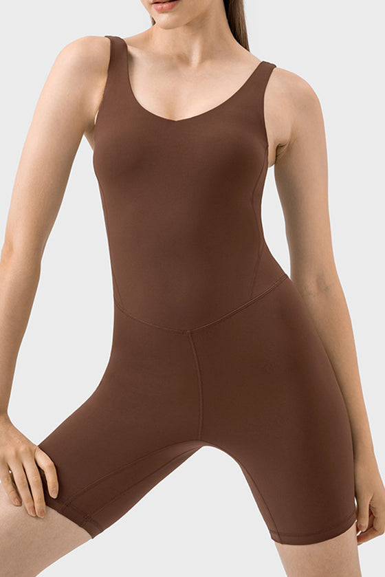 PACK260346-P1017-1, Coffee Exposed Stitching Pilates Yoga Jumpsuit