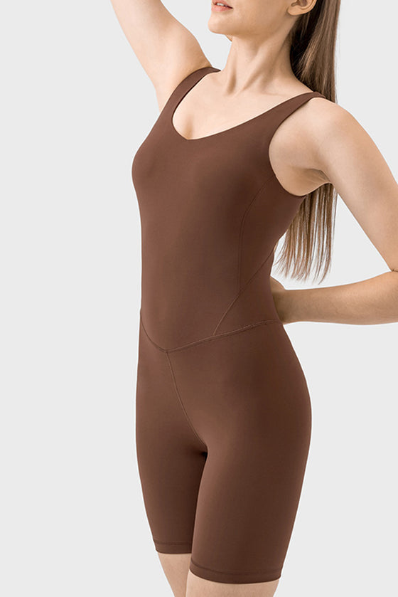 PACK260346-P1017-1, Coffee Exposed Stitching Pilates Yoga Jumpsuit