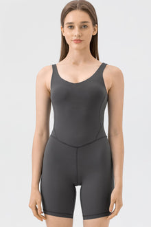 PACK260346-P2011-1, Dark Grey Exposed Stitching Pilates Yoga Jumpsuit