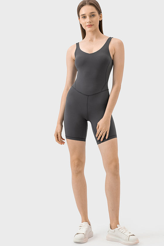 PACK260346-P2011-1, Dark Grey Exposed Stitching Pilates Yoga Jumpsuit