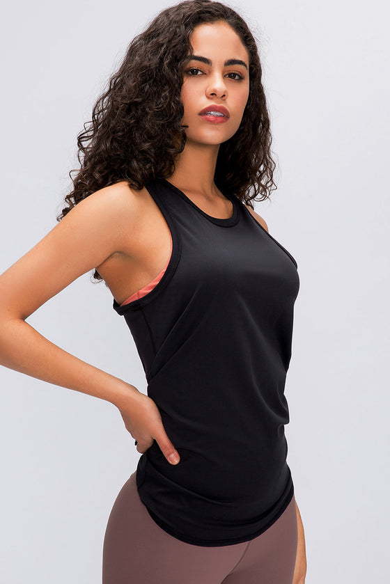 PACK264669-P2-1, Black Solid Color Back Cut Out Knot Active Tank Top