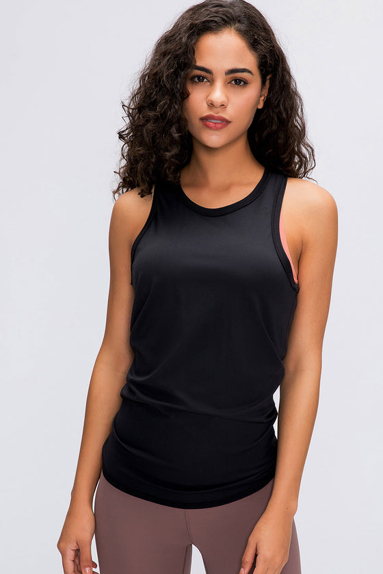 PACK264669-P2-1, Black Solid Color Back Cut Out Knot Active Tank Top