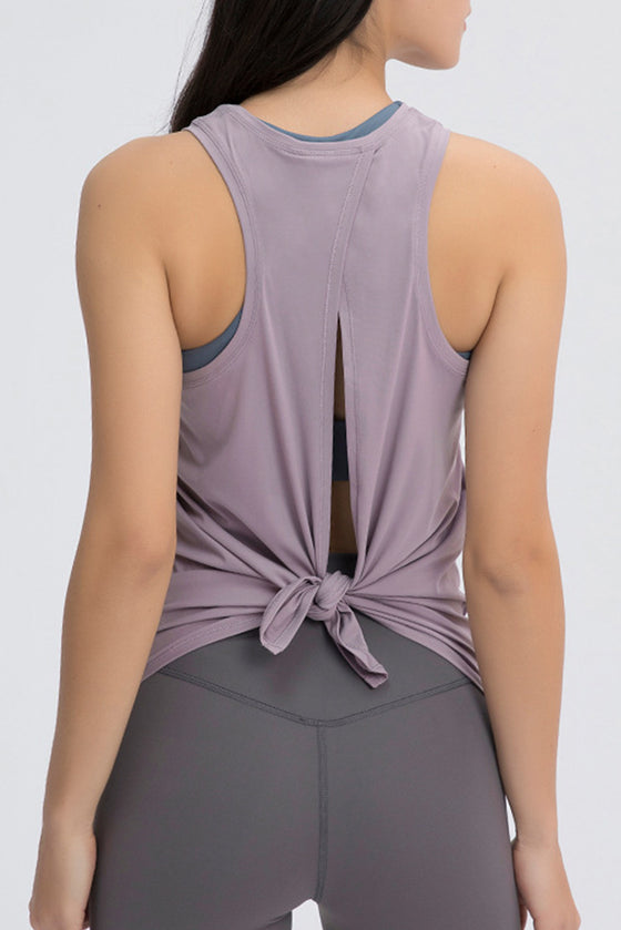 PACK264669-P8010-1, Rose Tan Solid Color Back Cut Out Knot Active Tank Top