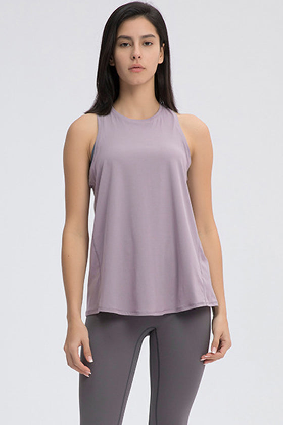 PACK264669-P8010-1, Rose Tan Solid Color Back Cut Out Knot Active Tank Top