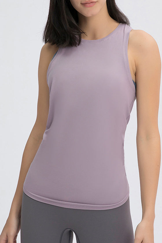 PACK264669-P8010-1, Rose Tan Solid Color Back Cut Out Knot Active Tank Top