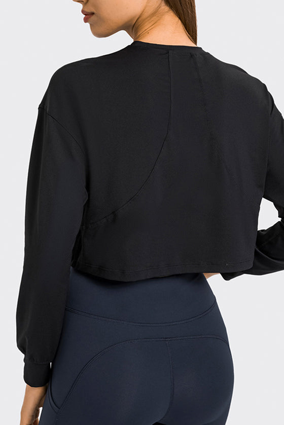 PACK264686-P2-1, Black Solid Color Quick Dry Long Sleeve Active Top