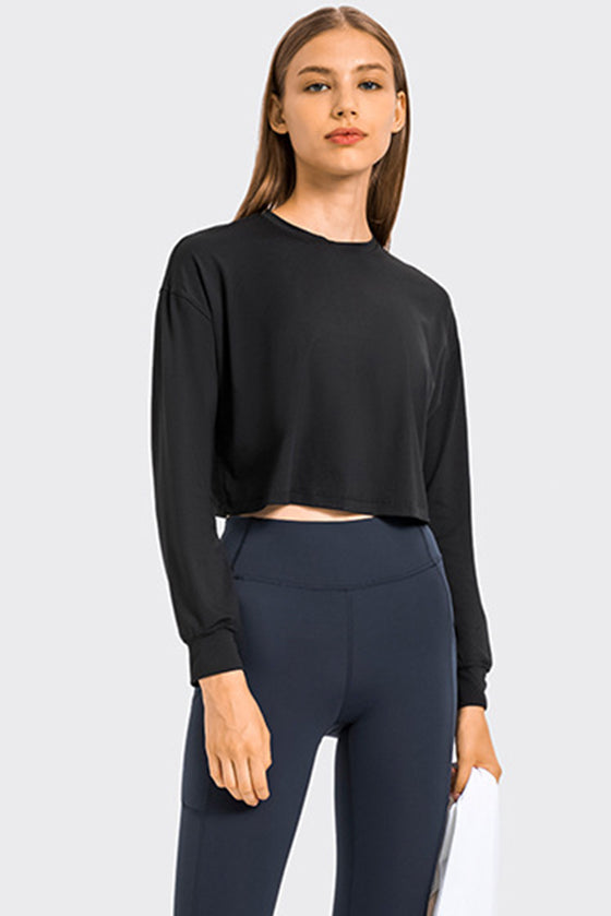 PACK264686-P2-1, Black Solid Color Quick Dry Long Sleeve Active Top