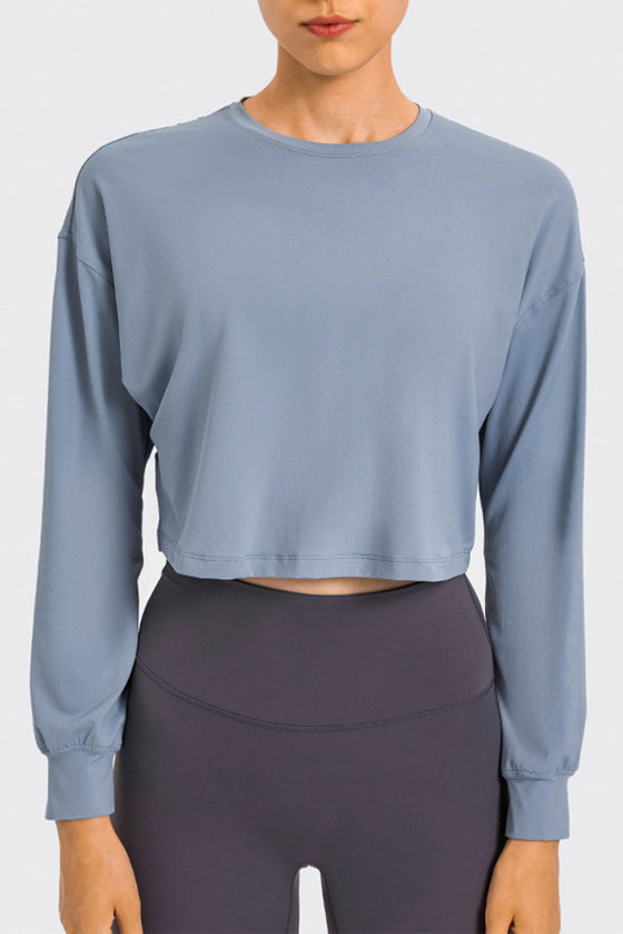 PACK264686-P804-1, Beau Blue Solid Color Quick Dry Long Sleeve Active Top