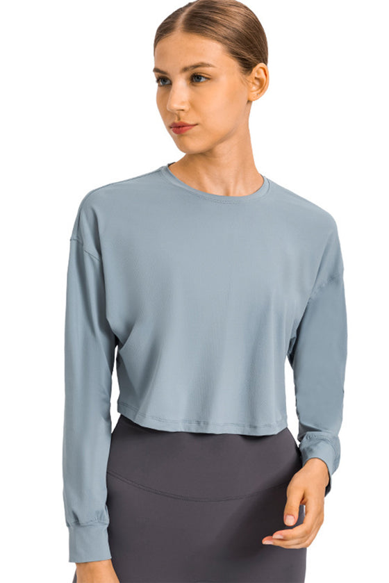 PACK264686-P804-1, Beau Blue Solid Color Quick Dry Long Sleeve Active Top