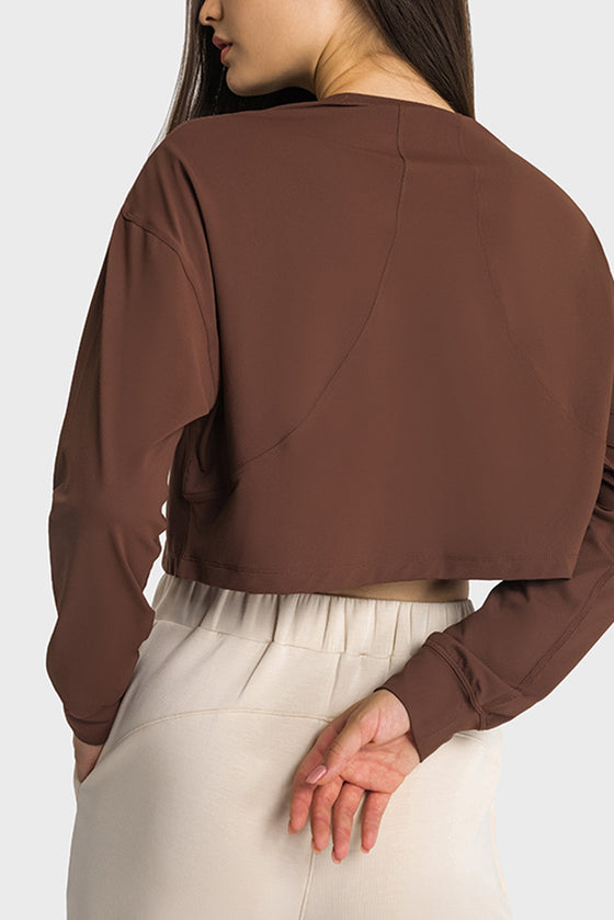 PACK264686-P1017-1, Coffee Solid Color Quick Dry Long Sleeve Active Top