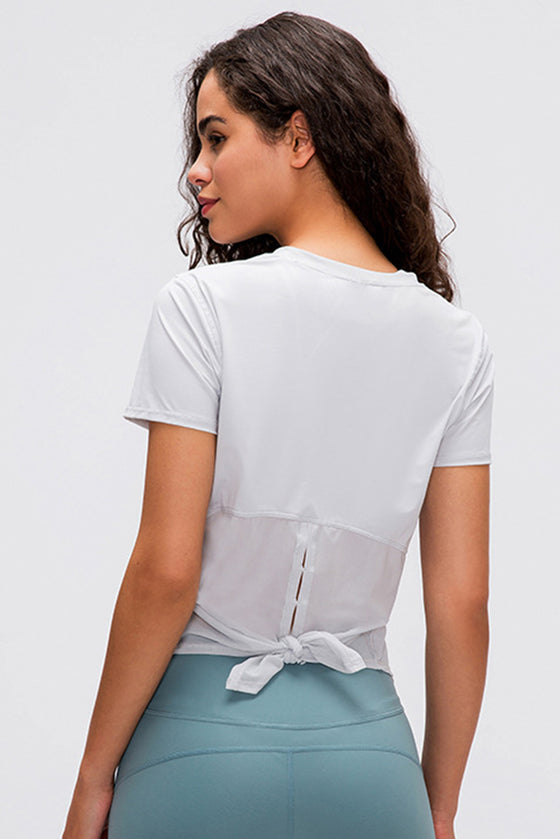 PACK264687-P804-1, Beau Blue Solid Color Back Knot Short Sleeve Yoga Active Top