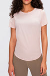 PACK264687-P9010-1, Dusty Pink Solid Color Back Knot Short Sleeve Yoga Active Top