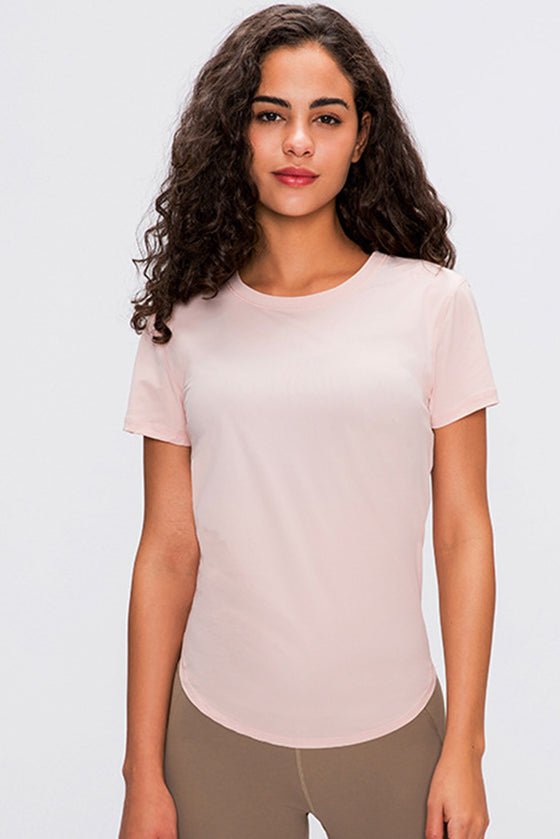 PACK264687-P9010-1, Dusty Pink Solid Color Back Knot Short Sleeve Yoga Active Top