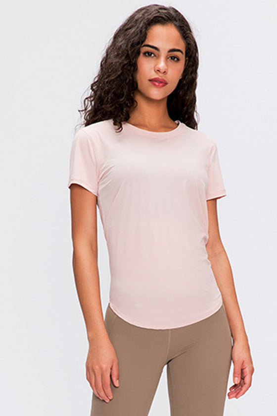 PACK264687-P9010-1, Dusty Pink Solid Color Back Knot Short Sleeve Yoga Active Top