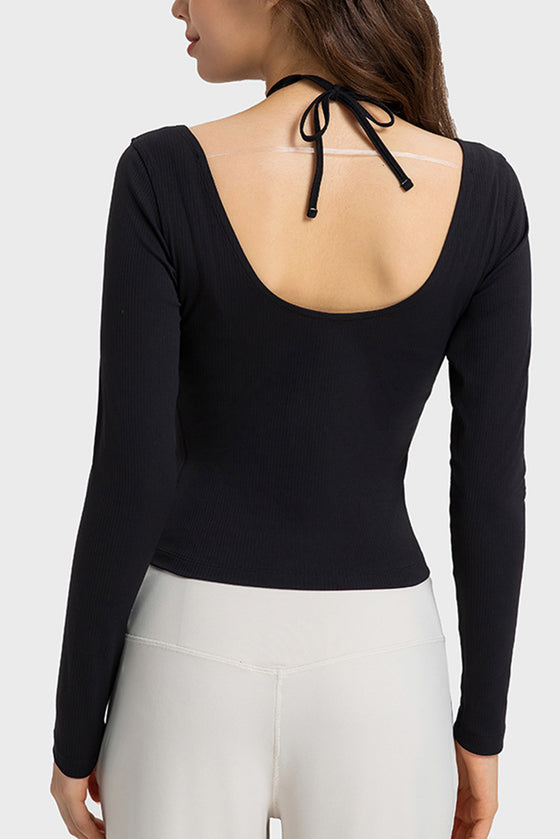 PACK264689-P2-1, Black Halter Neck Cut out Open Back Yoga Athletic Top