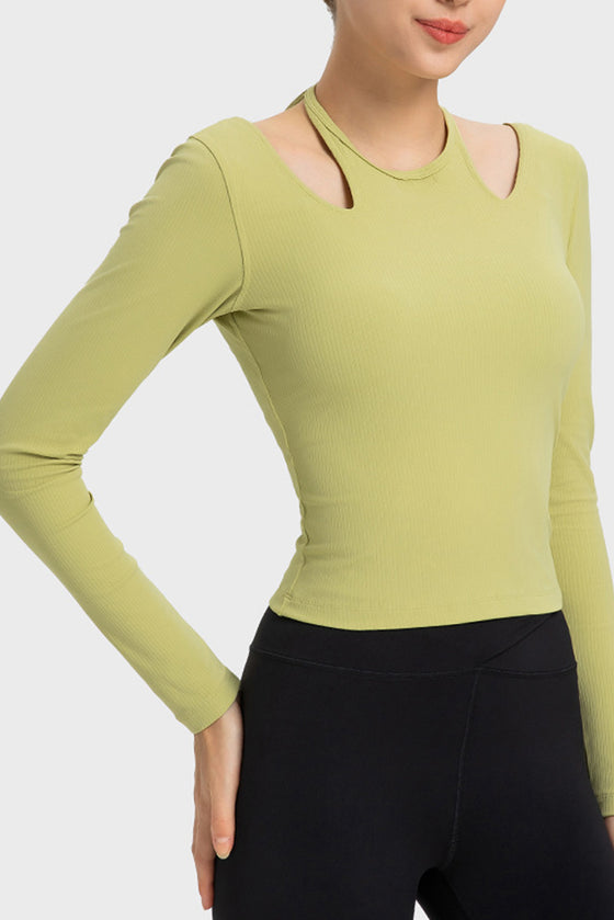 PACK264689-P709-1, Spinach Green Halter Neck Cut out Open Back Yoga Athletic Top