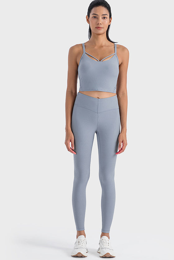 PACK264690-P3011-1, Medium Grey Ribbed Criss Cross Padded Cropped Workout Vest