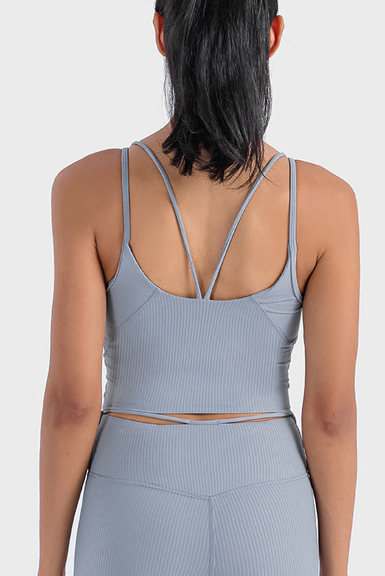PACK264690-P3011-1, Medium Grey Ribbed Criss Cross Padded Cropped Workout Vest