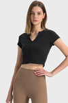 PACK264691-P2-1, Black Solid Color Ribbed V Neck Short Sleeve Active Cropped Top