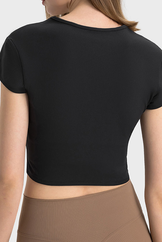 PACK264691-P2-1, Black Solid Color Ribbed V Neck Short Sleeve Active Cropped Top