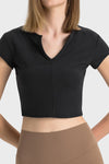 PACK264691-P2-1, Black Solid Color Ribbed V Neck Short Sleeve Active Cropped Top