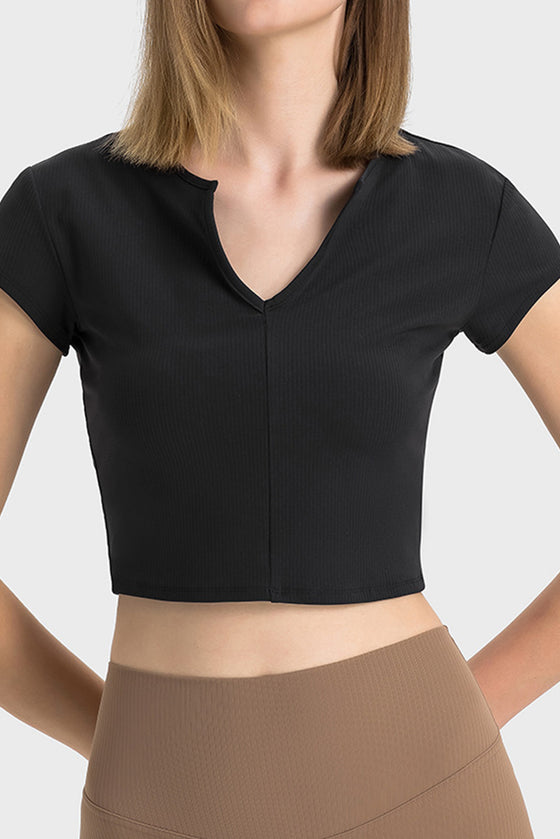 PACK264691-P2-1, Black Solid Color Ribbed V Neck Short Sleeve Active Cropped Top