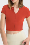 PACK264691-P103-1, Tomato Red Solid Color Ribbed V Neck Short Sleeve Active Cropped Top