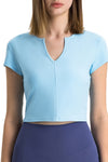 PACK264691-P204-1, Mist Blue Solid Color Ribbed V Neck Short Sleeve Active Cropped Top