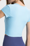 PACK264691-P204-1, Mist Blue Solid Color Ribbed V Neck Short Sleeve Active Cropped Top