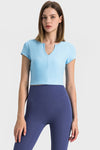PACK264691-P204-1, Mist Blue Solid Color Ribbed V Neck Short Sleeve Active Cropped Top