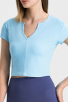 PACK264691-P204-1, Mist Blue Solid Color Ribbed V Neck Short Sleeve Active Cropped Top