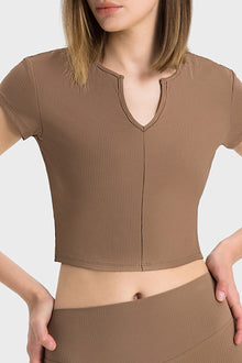  PACK264691-P5017-1, Dark Brown Solid Color Ribbed V Neck Short Sleeve Active Cropped Top