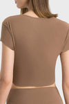 PACK264691-P5017-1, Dark Brown Solid Color Ribbed V Neck Short Sleeve Active Cropped Top