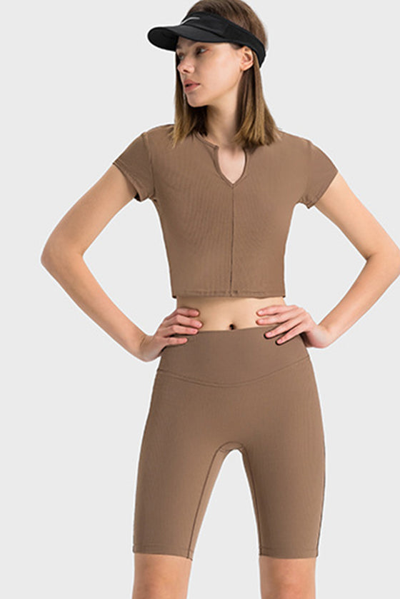 PACK264691-P5017-1, Dark Brown Solid Color Ribbed V Neck Short Sleeve Active Cropped Top
