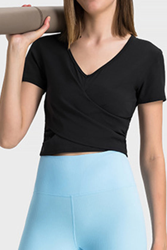 PACK264692-P2-1, Black Criss Cross Wrapped Ribbed V Neck Short Sleeve Active Top