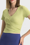 PACK264692-P709-1, Spinach Green Criss Cross Wrapped Ribbed V Neck Short Sleeve Active Top