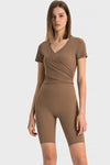 PACK264692-P1017-1, Coffee Criss Cross Wrapped Ribbed V Neck Short Sleeve Active Top
